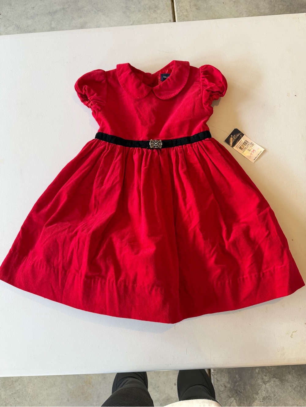 Ralph Lauren Red Velvet-Look Dress with Black Waistband
